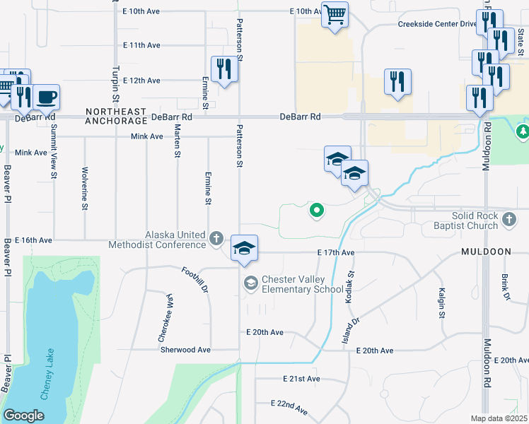 map of restaurants, bars, coffee shops, grocery stores, and more near 7131 Chester Court in Anchorage
