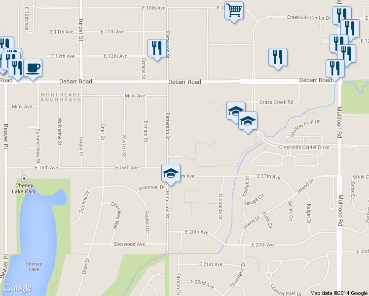 map of restaurants, bars, coffee shops, grocery stores, and more near 7131 Chester Court in Anchorage