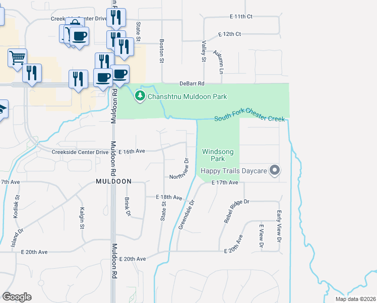 map of restaurants, bars, coffee shops, grocery stores, and more near 1481 Northview Drive in Anchorage
