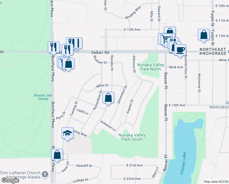map of restaurants, bars, coffee shops, grocery stores, and more near 6005 Miley Drive in Anchorage