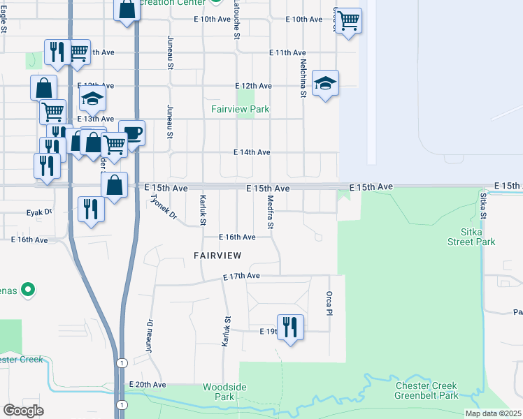 map of restaurants, bars, coffee shops, grocery stores, and more near 1500 Medfra Street in Anchorage