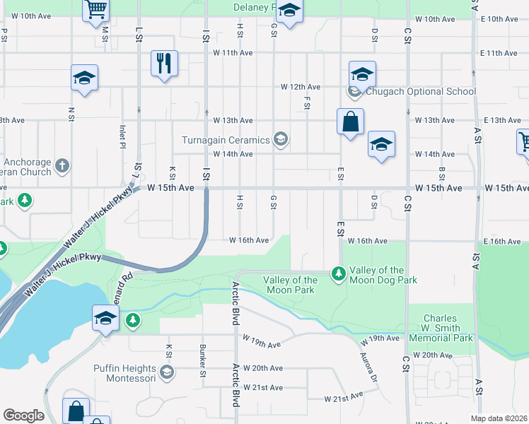 map of restaurants, bars, coffee shops, grocery stores, and more near 1509 H Street in Anchorage