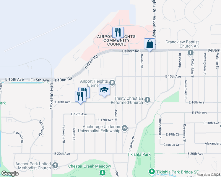 map of restaurants, bars, coffee shops, grocery stores, and more near 1510 Alder Drive in Anchorage