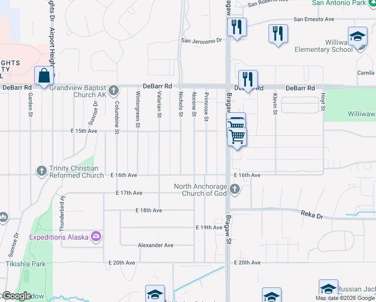 map of restaurants, bars, coffee shops, grocery stores, and more near 1512 Nichols Street in Anchorage