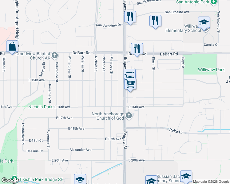 map of restaurants, bars, coffee shops, grocery stores, and more near 1513 Primrose Street in Anchorage
