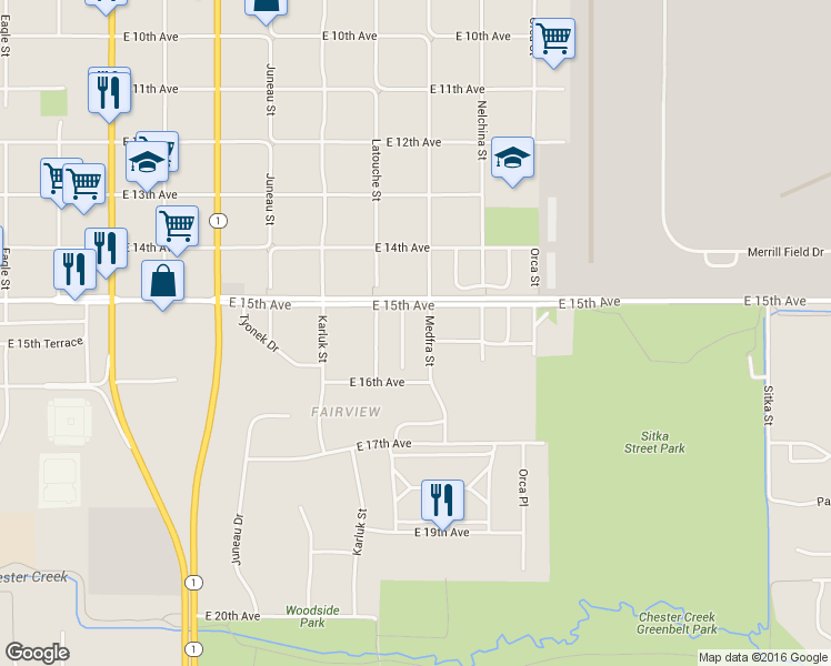map of restaurants, bars, coffee shops, grocery stores, and more near 1500 Medfra Street in Anchorage