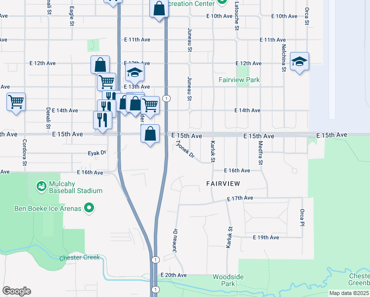 map of restaurants, bars, coffee shops, grocery stores, and more near 1511 Juneau Street in Anchorage