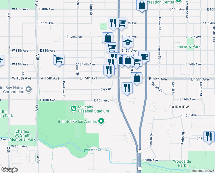 map of restaurants, bars, coffee shops, grocery stores, and more near 612 East 15th Avenue in Anchorage