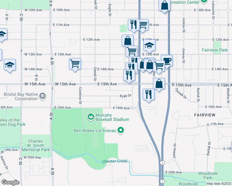 map of restaurants, bars, coffee shops, grocery stores, and more near 526 East 15th Avenue in Anchorage