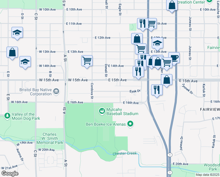 map of restaurants, bars, coffee shops, grocery stores, and more near 350 East 15th Avenue in Anchorage