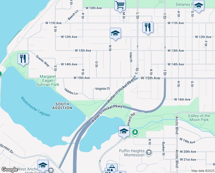 map of restaurants, bars, coffee shops, grocery stores, and more near 1301 Virginia Court in Anchorage
