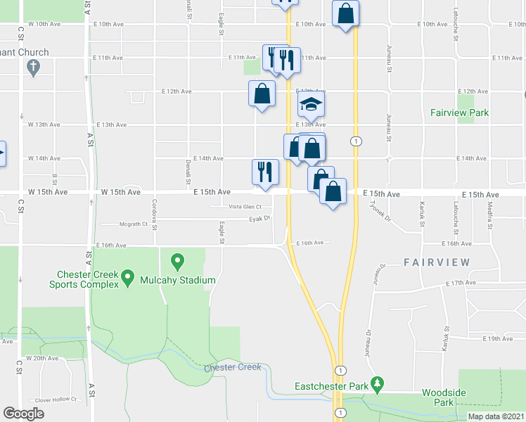 map of restaurants, bars, coffee shops, grocery stores, and more near 601 East 15th Terrace in Anchorage