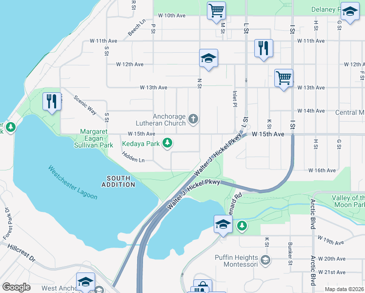 map of restaurants, bars, coffee shops, grocery stores, and more near 1402 West 15th Avenue in Anchorage