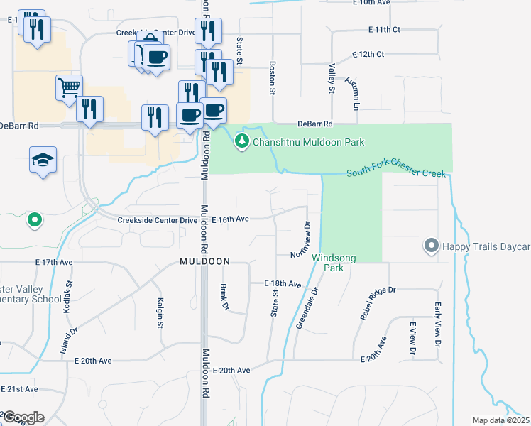 map of restaurants, bars, coffee shops, grocery stores, and more near 1420 Carolyn Circle in Anchorage
