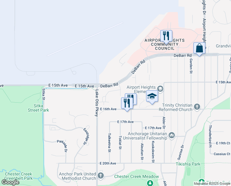 map of restaurants, bars, coffee shops, grocery stores, and more near 1528 Charter Circle in Anchorage