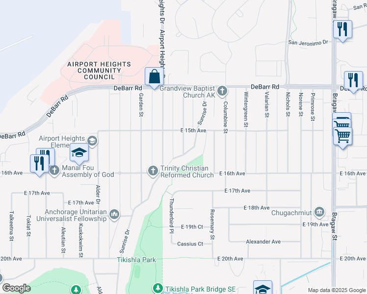 map of restaurants, bars, coffee shops, grocery stores, and more near 1528 Kinnikinnick Street in Anchorage
