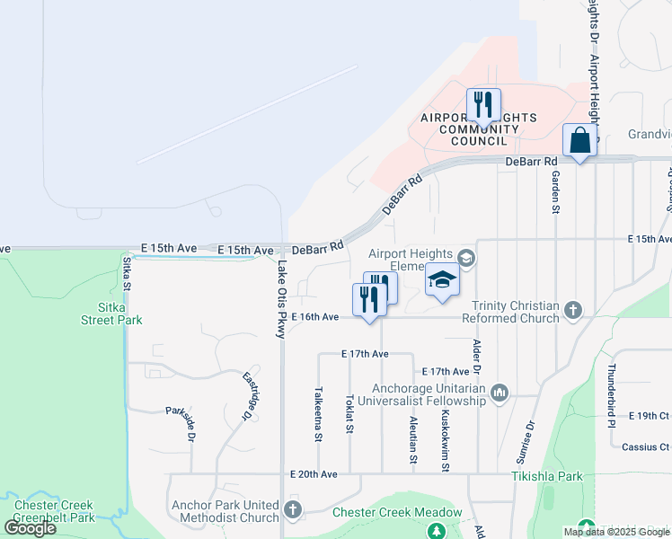 map of restaurants, bars, coffee shops, grocery stores, and more near 1536 Charter Circle in Anchorage