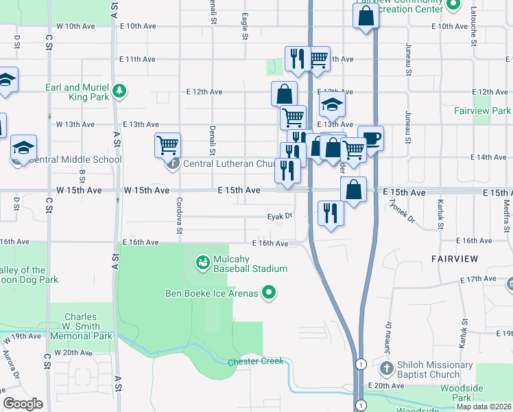 map of restaurants, bars, coffee shops, grocery stores, and more near 540 Vista Glen Court in Anchorage