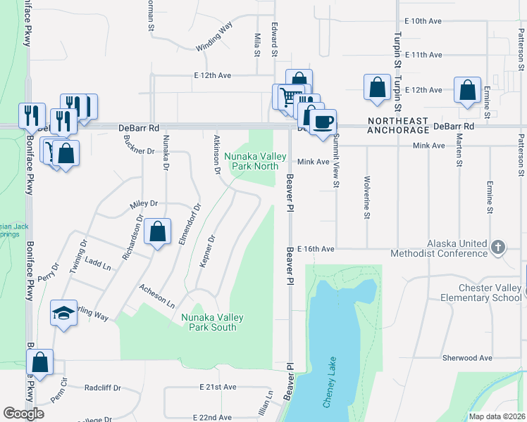 map of restaurants, bars, coffee shops, grocery stores, and more near 1428 Atkinson Drive in Anchorage