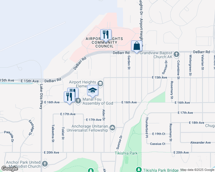 map of restaurants, bars, coffee shops, grocery stores, and more near 1513 Alder Drive in Anchorage