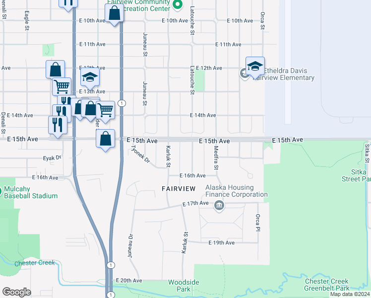 map of restaurants, bars, coffee shops, grocery stores, and more near 1509 Karluk Street in Anchorage