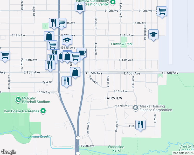 map of restaurants, bars, coffee shops, grocery stores, and more near 1511 Juneau Street in Anchorage