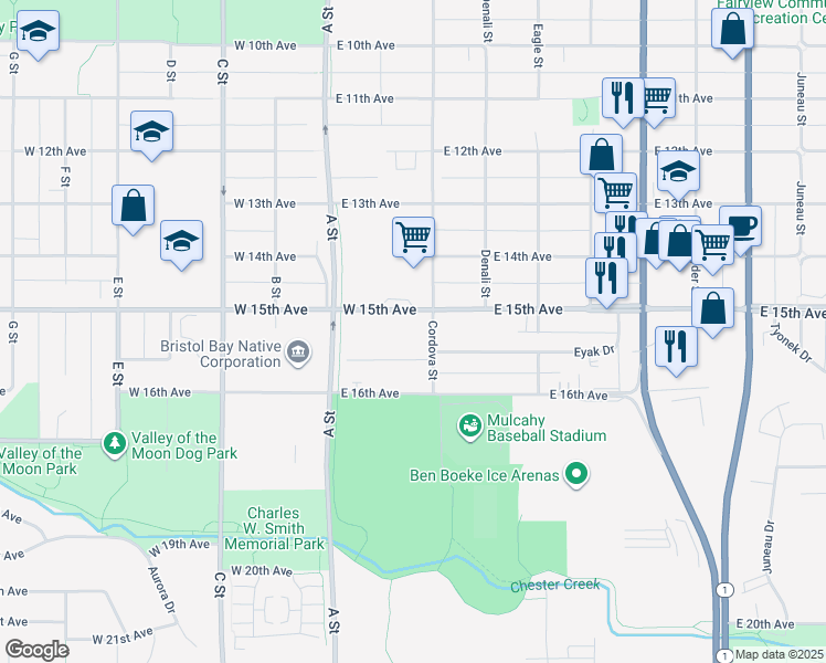 map of restaurants, bars, coffee shops, grocery stores, and more near 234 East 15th Avenue in Anchorage