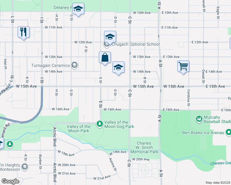 map of restaurants, bars, coffee shops, grocery stores, and more near 1504 D St in Anchorage