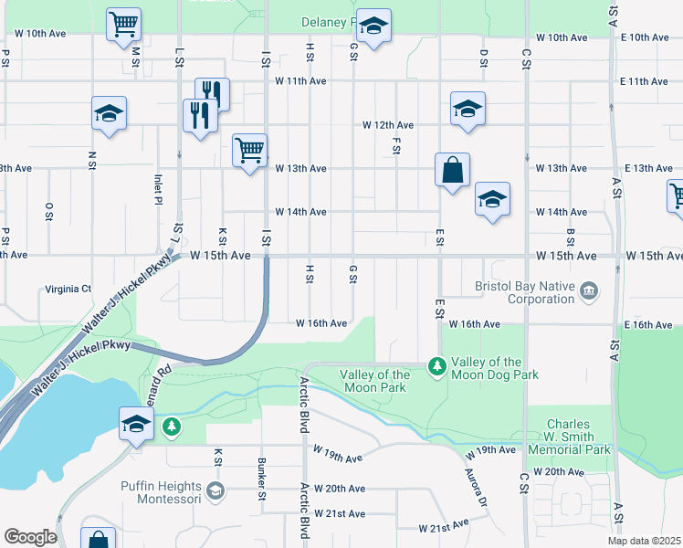 map of restaurants, bars, coffee shops, grocery stores, and more near 1509 H Street in Anchorage