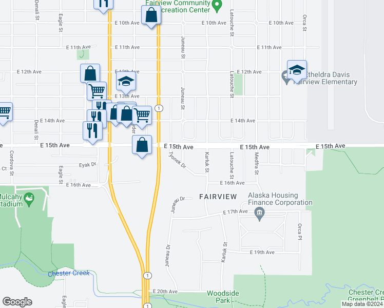 map of restaurants, bars, coffee shops, grocery stores, and more near 1523 Juneau Street in Anchorage