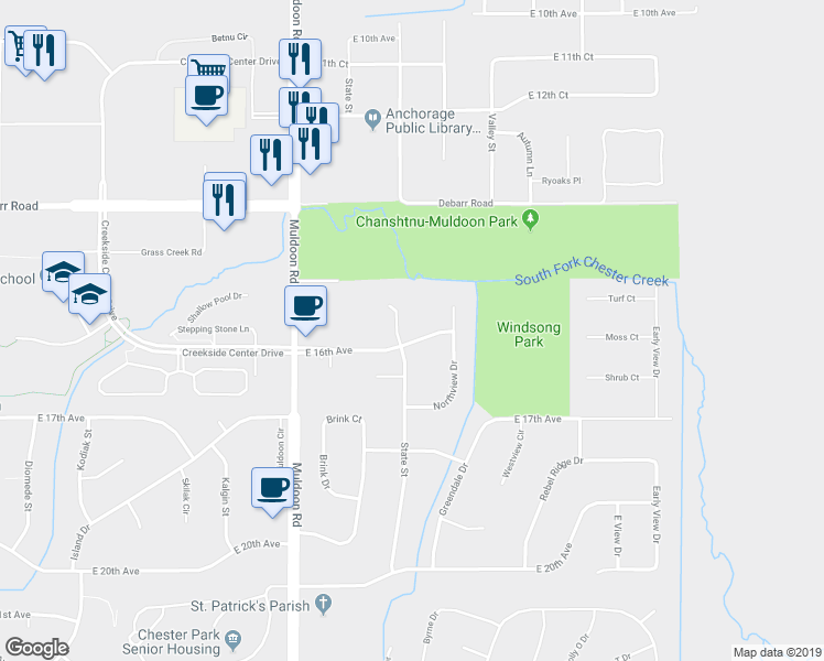map of restaurants, bars, coffee shops, grocery stores, and more near 8121 East 16th Avenue in Anchorage