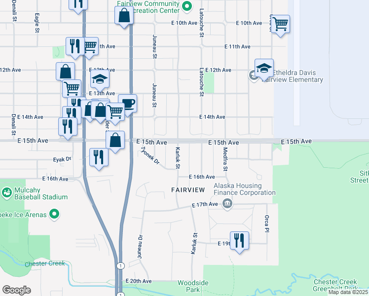 map of restaurants, bars, coffee shops, grocery stores, and more near 1509 Karluk Street in Anchorage
