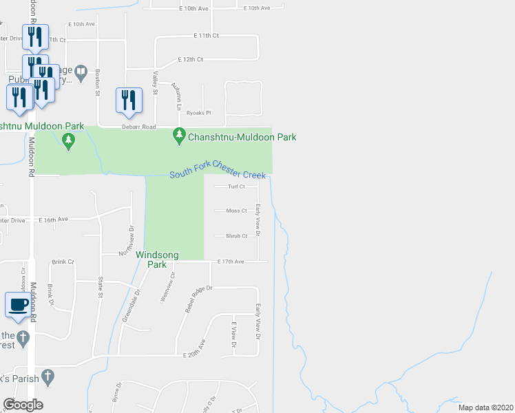 map of restaurants, bars, coffee shops, grocery stores, and more near 8633 Moss Court in Anchorage