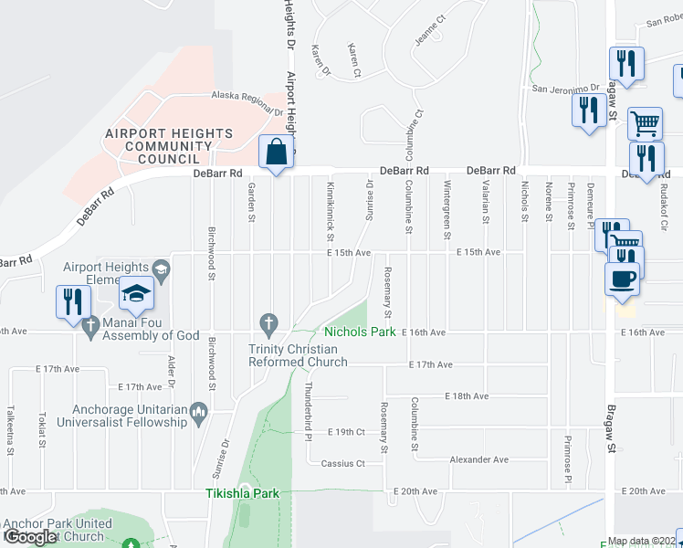 map of restaurants, bars, coffee shops, grocery stores, and more near 1521 Kinnikinnick St in Anchorage