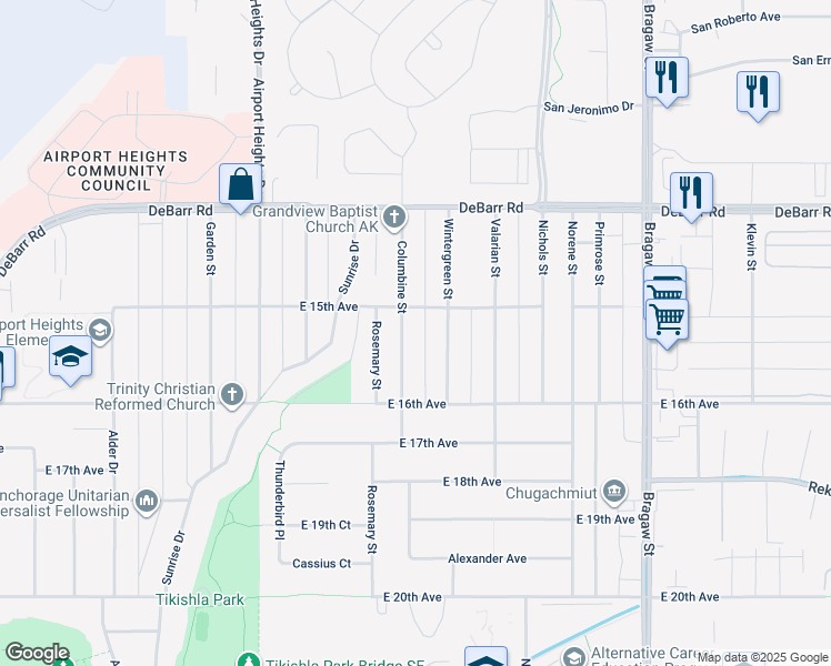 map of restaurants, bars, coffee shops, grocery stores, and more near 1519 Columbine Street in Anchorage