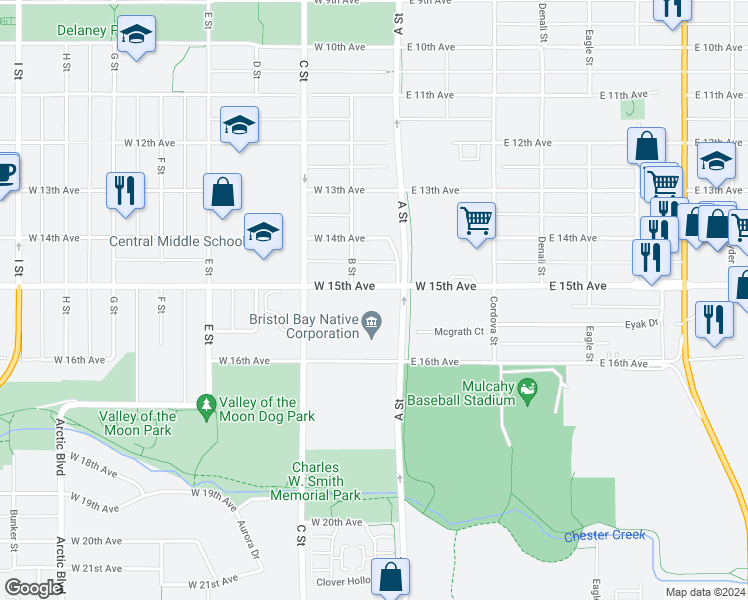 map of restaurants, bars, coffee shops, grocery stores, and more near 126 West 15th Avenue in Anchorage