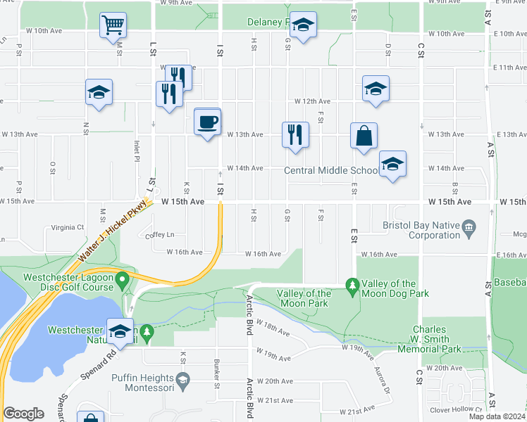 map of restaurants, bars, coffee shops, grocery stores, and more near 1509 H Street in Anchorage