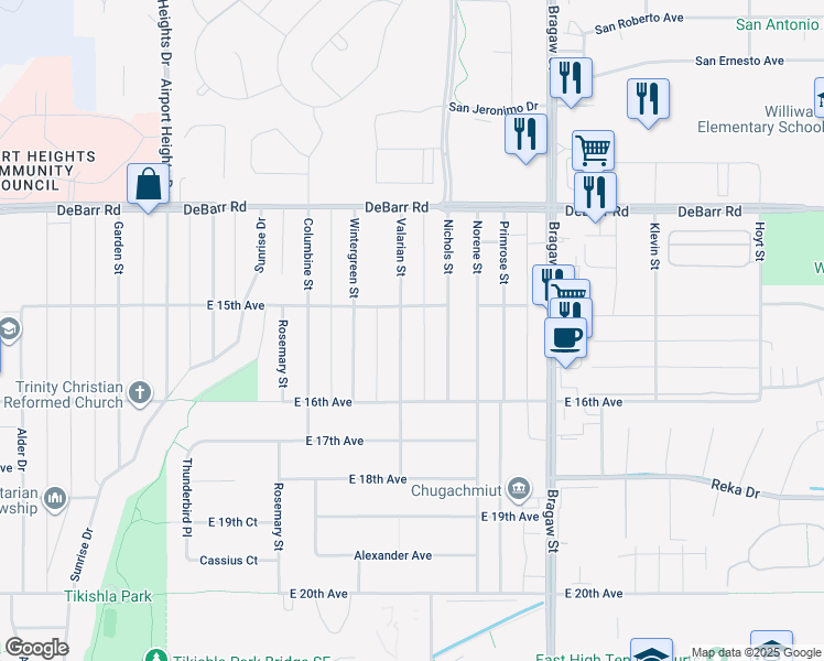 map of restaurants, bars, coffee shops, grocery stores, and more near 1521 Valarian Street in Anchorage