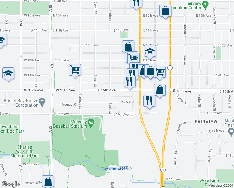 map of restaurants, bars, coffee shops, grocery stores, and more near 526 East 15th Avenue in Anchorage