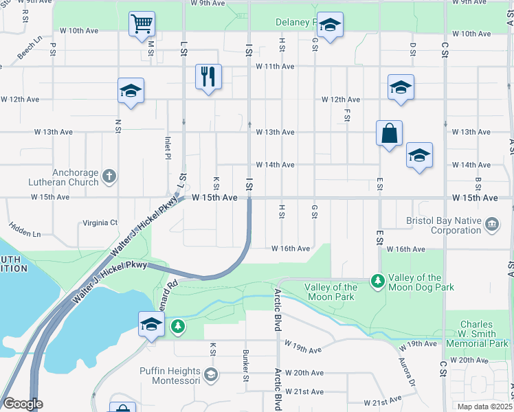 map of restaurants, bars, coffee shops, grocery stores, and more near 1511 I Street in Anchorage
