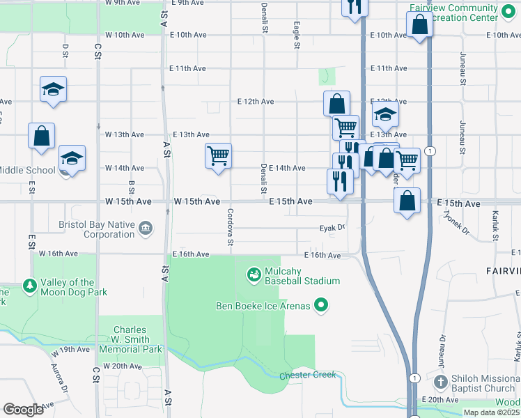 map of restaurants, bars, coffee shops, grocery stores, and more near 344 East 15th Avenue in Anchorage