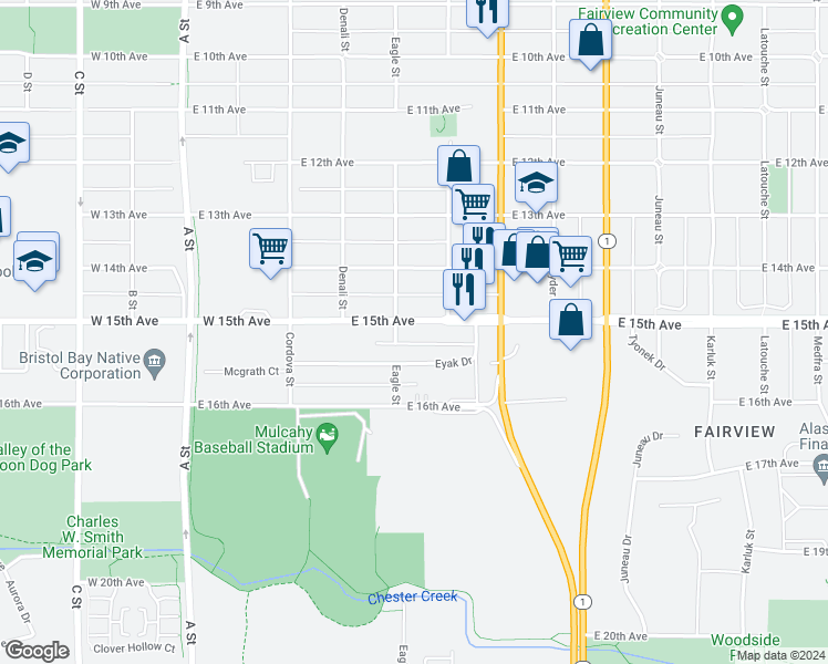 map of restaurants, bars, coffee shops, grocery stores, and more near 526 East 15th Avenue in Anchorage