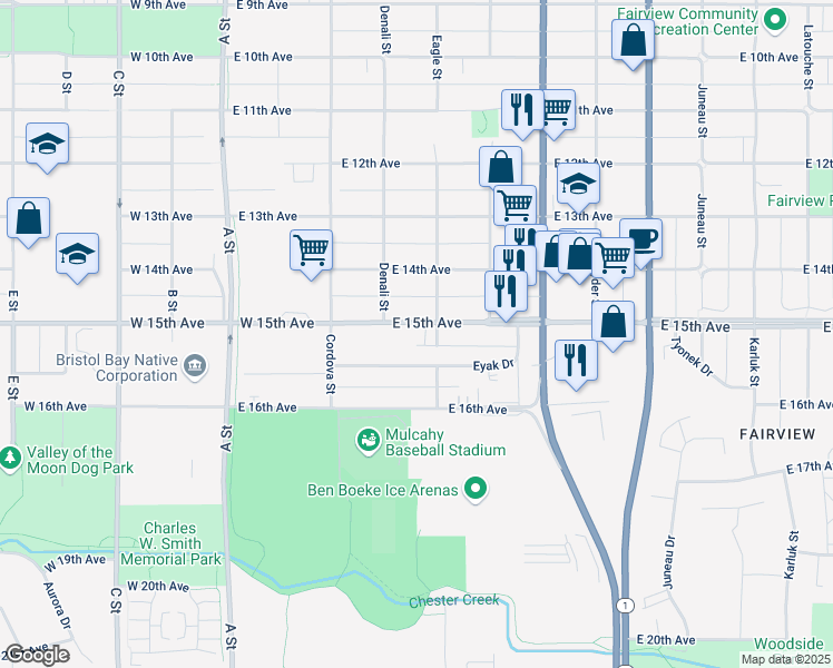 map of restaurants, bars, coffee shops, grocery stores, and more near 444 East 15th Avenue in Anchorage