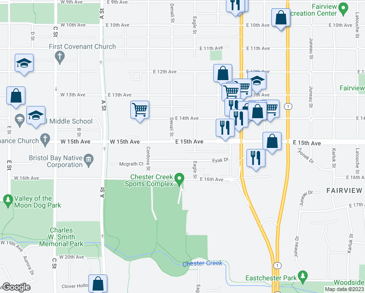 map of restaurants, bars, coffee shops, grocery stores, and more near 444 East 15th Avenue in Anchorage