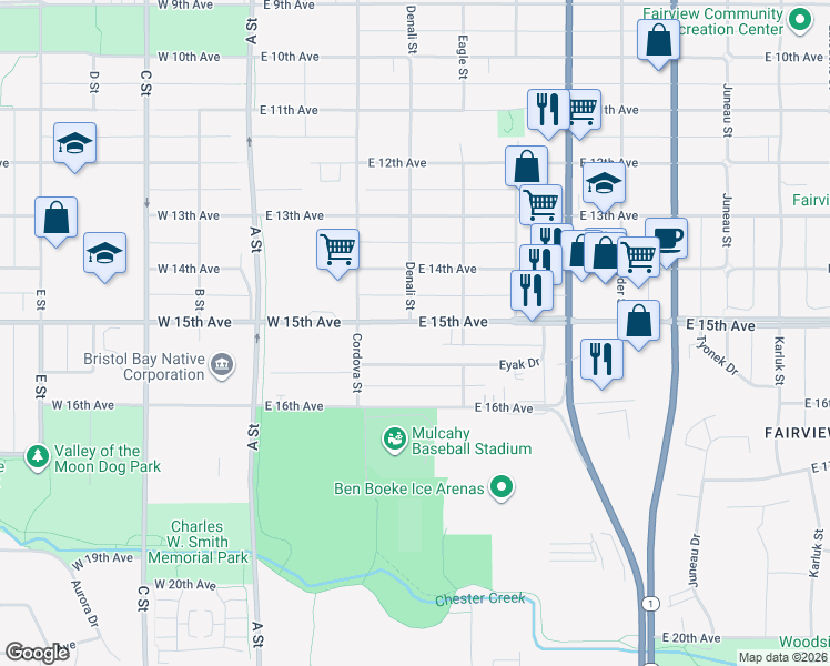 map of restaurants, bars, coffee shops, grocery stores, and more near 350 East 15th Avenue in Anchorage