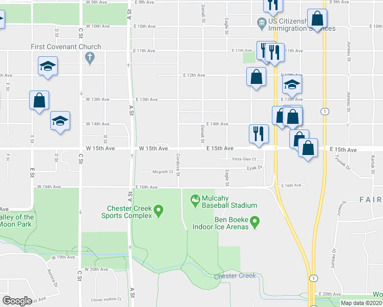 map of restaurants, bars, coffee shops, grocery stores, and more near 316 East 15th Avenue in Anchorage