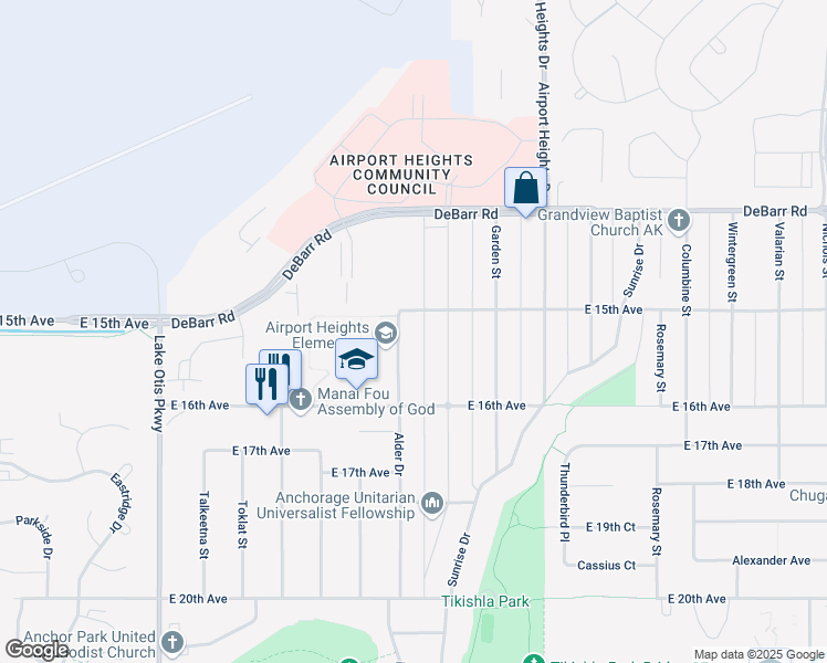 map of restaurants, bars, coffee shops, grocery stores, and more near 1513 Alder Drive in Anchorage