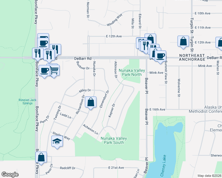 map of restaurants, bars, coffee shops, grocery stores, and more near 1417 Elmendorf Drive in Anchorage