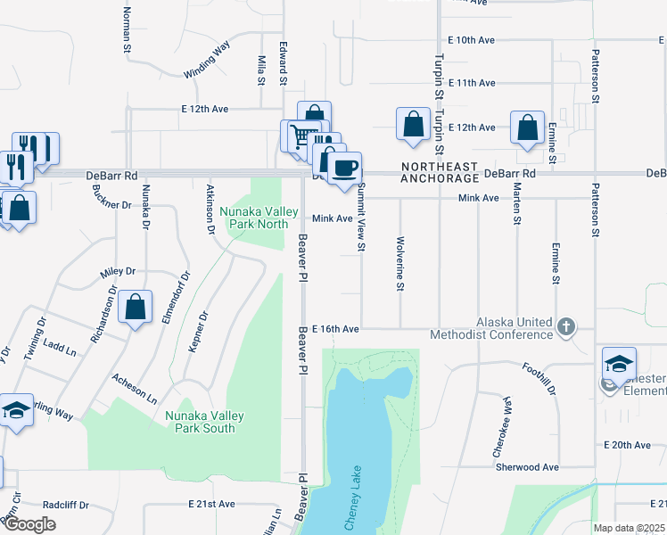 map of restaurants, bars, coffee shops, grocery stores, and more near 6412 East 14th Court in Anchorage