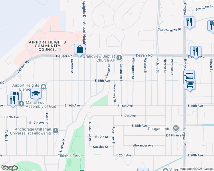 map of restaurants, bars, coffee shops, grocery stores, and more near 1513 Sunrise Drive in Anchorage